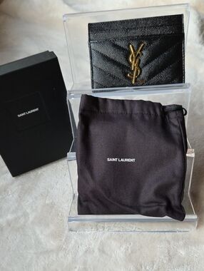 Saint Laurent Black Quilted Leather Card Case with Gold YSL Monogram